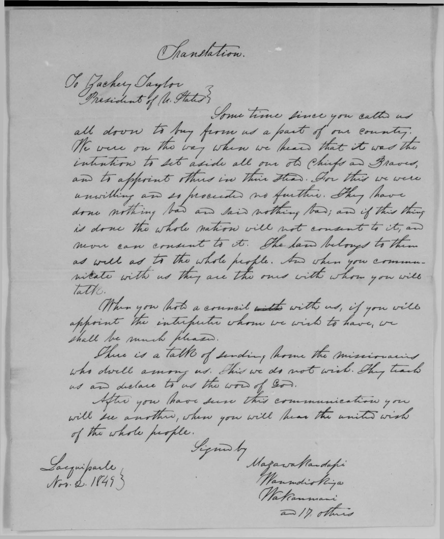 Image of letter from Dakota Indians at Lac qui Parle to Zachary Taylor, Nov. 2, 1849