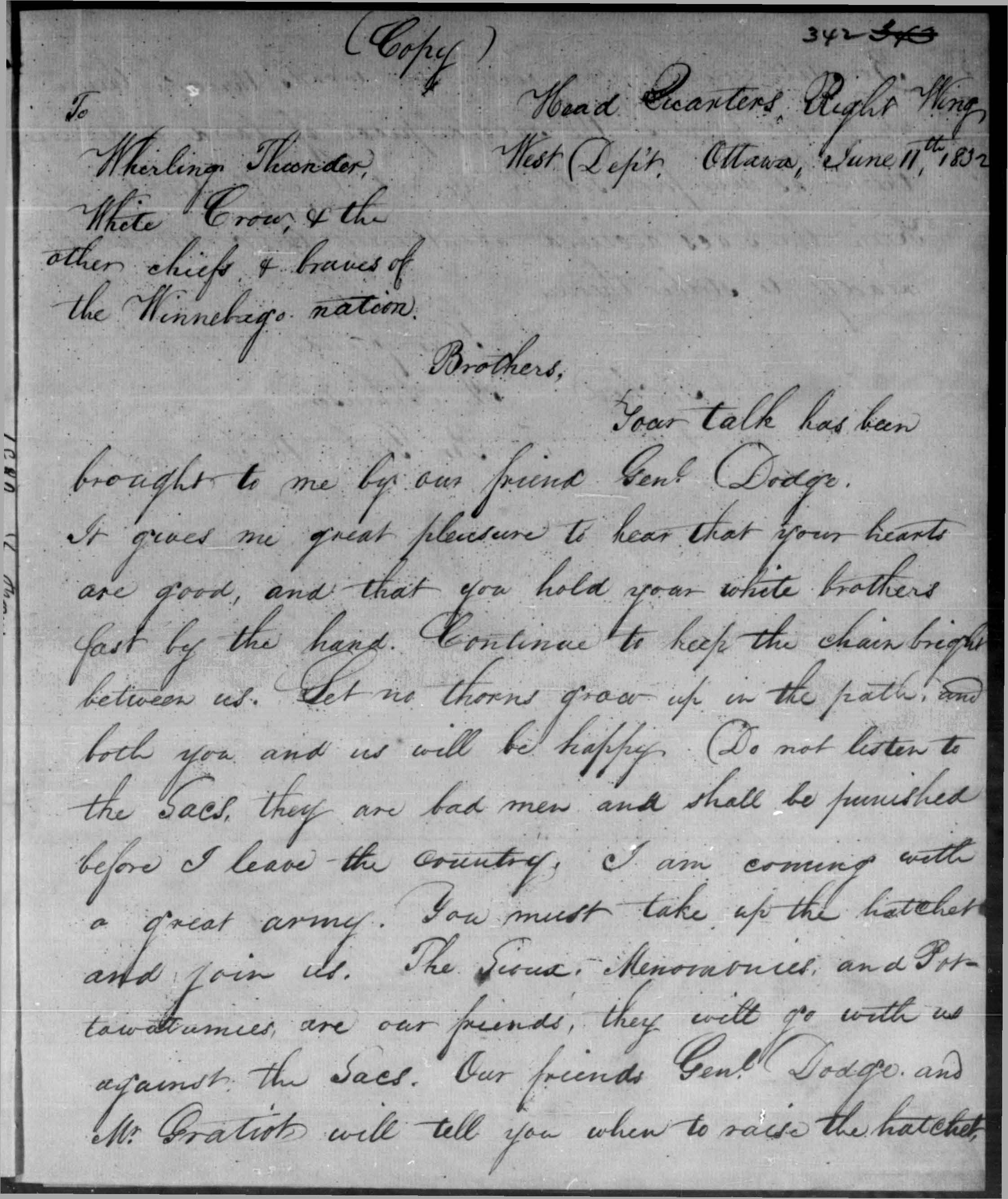 Letter from Henry Atkinson to Whirling Thunder, White Crow, and Other Chiefs and Braves of the Winnebago Nation, June 11, 1832, p. 1.