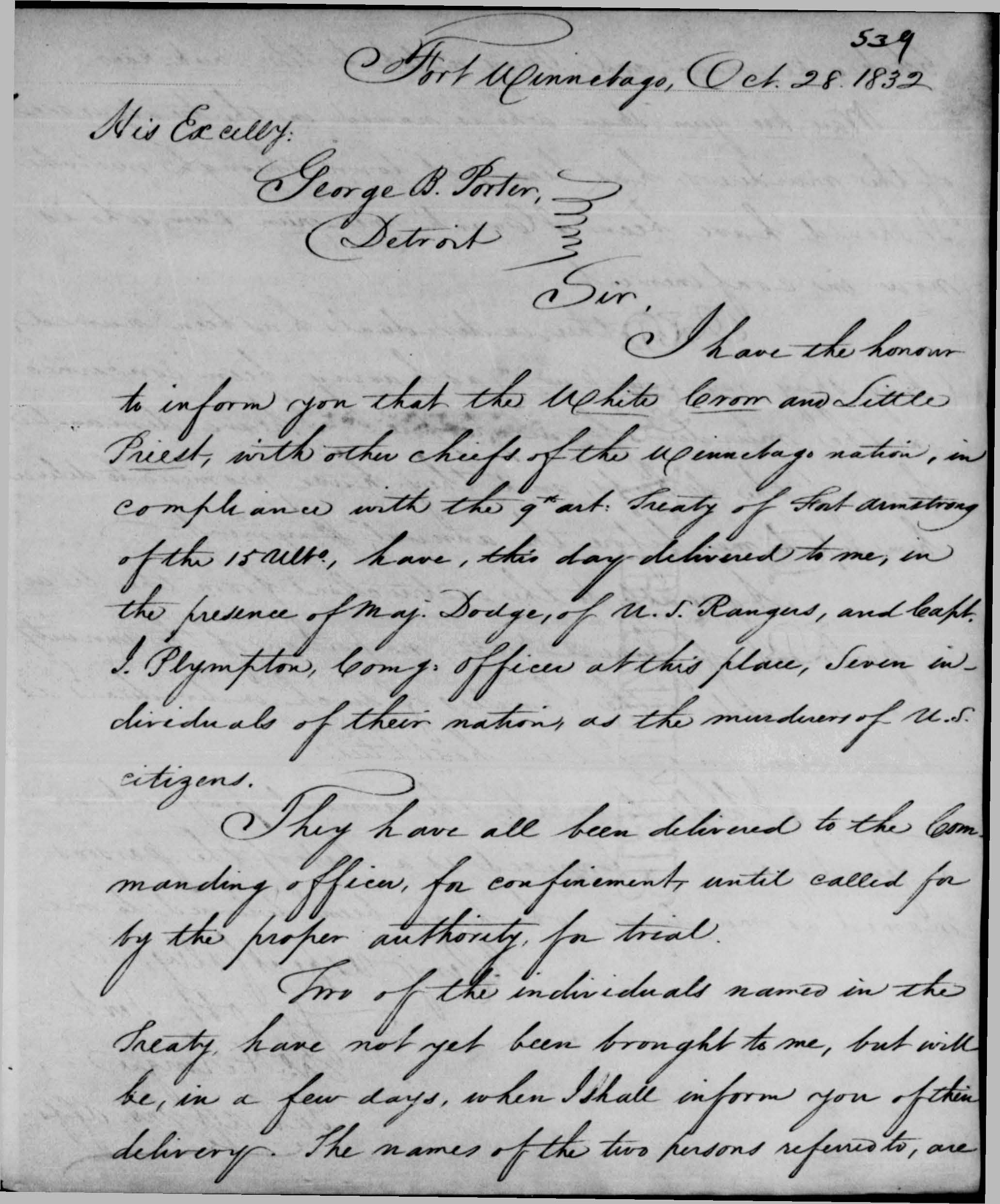 Letter from John J. Kinzie to George B. Porter, Oct. 28, 1832, p. 1.