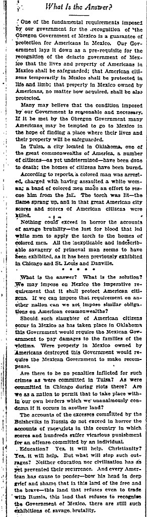 This historical newspaper clipping titled "What Is the Answer?" reflects on the 1921 Tulsa Race Massacre, questioning the lack of penalties for such violence and comparing it to U.S. demands for protection of its citizens abroad. The article criticizes the brutality of the massacre and calls for accountability and justice within the country.