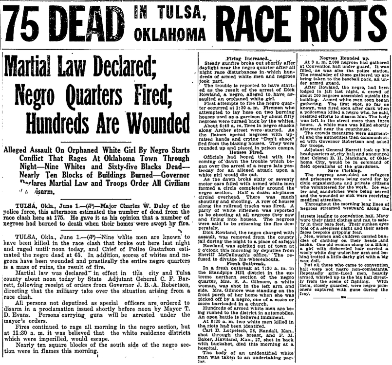 This is a historical newspaper clipping with the headline "75 DEAD IN TULSA, OKLAHOMA RACE RIOTS," detailing the 1921 Tulsa Race Massacre. The article reports on the violence, destruction, and imposition of martial law following racial tensions in Tulsa, Oklahoma.