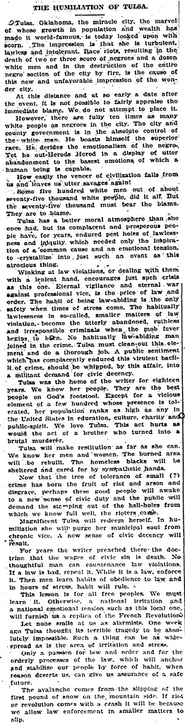 This historical newspaper clipping, titled "THE HUMILIATION OF TULSA," reflects on the devastation of the 1921 Tulsa Race Massacre, describing the destruction of the Black district and the broader impact on the city's reputation. The article discusses racial tensions, the need for restitution, and a call for stricter law enforcement to prevent future violence.