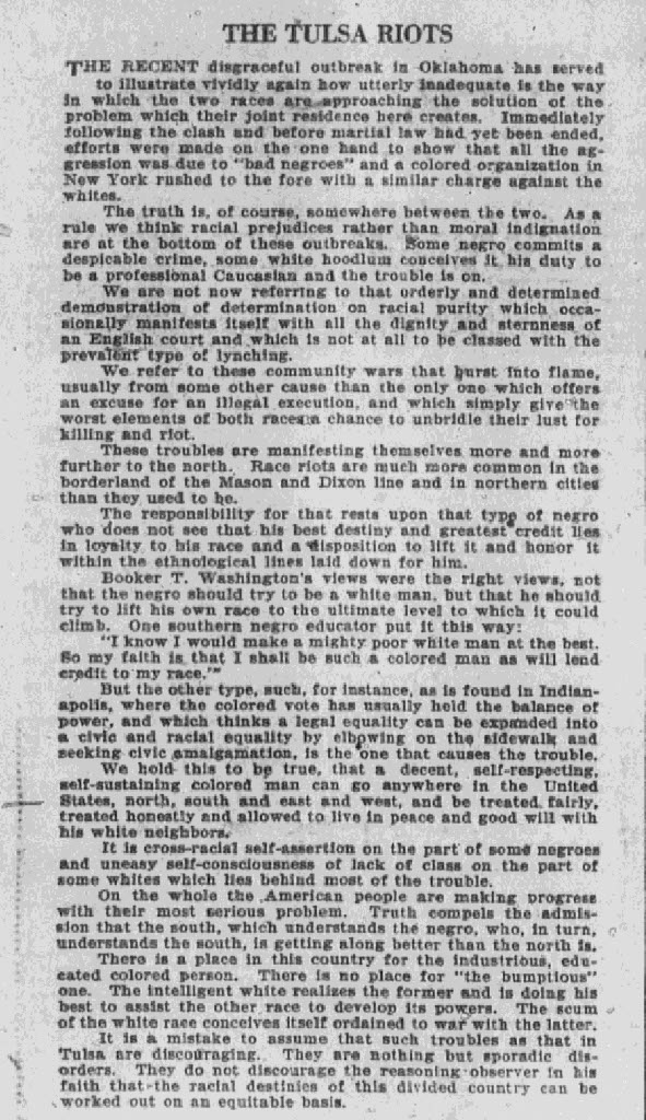 This historical newspaper clipping, titled "THE TULSA RIOTS," discusses the 1921 Tulsa Race Massacre, attributing the violence to racial tensions and prejudices. The article reflects on racial relations, differing perspectives on Black self-advancement, and the broader implications of segregation and integration in American society.