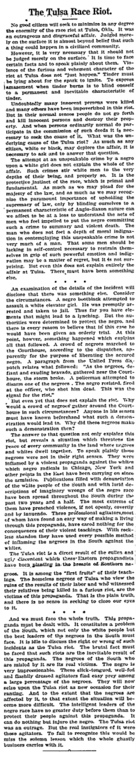 This historical newspaper clipping, titled "TULSA'S RACE RIOT," examines the causes and impact of the 1921 Tulsa Race Massacre, attributing the violence to racial tensions and systemic injustices. The article discusses the destruction, loss of Black wealth, and the broader societal implications of the massacre.
