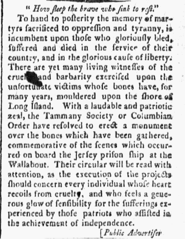 A black-and-white newspaper clipping titled “How sleep the brave who sink to rest.” The article calls for honoring the memory of American prisoners who suffered and died aboard the British prison ship Jersey during the Revolutionary War.