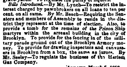 A black-and-white newspaper clipping listing legislative proposals under the heading “Bills Introduced.” Among the proposed measures is one “to provide a tomb for the remains of the Prison Ship martyrs within the arsenal building in the city of Brooklyn.”