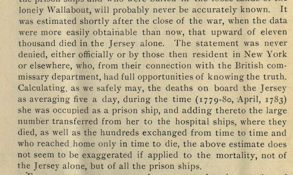 A scanned excerpt from a historical book discussing deaths aboard British prison ships during the American Revolutionary War. The text notes that over eleven thousand prisoners perished on the Jersey alone between 1779 and April 1783.