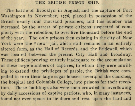 A scanned page from a historical book titled “The British Prison Ship.” The text recounts how, after the battles of Brooklyn and Fort Washington in 1776, the British captured nearly 4,000 prisoners—rising to over 5,000 by year’s end. The jails soon became overcrowded, forcing many captured American patriots to live in harsh, unsanitary conditions without room to lie down or rest.