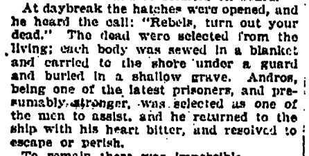 A black-and-white newspaper clipping recounting grim scenes aboard a British prison ship during the American Revolution. The passage describes how, at daybreak, guards ordered prisoners to “turn out your dead.”