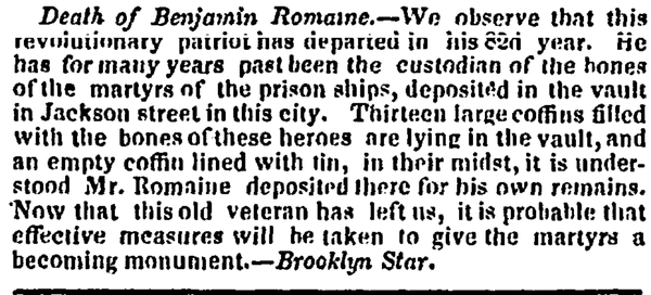 A black-and-white newspaper clipping announcing the death of Benjamin Romaine, described as a Revolutionary War patriot and long-time custodian of the remains of American prisoners who died on British prison ships.