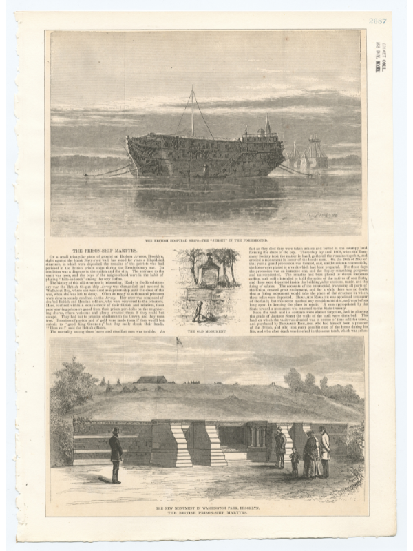 A 19th-century illustrated newspaper page featuring three detailed engravings depicting the history of the British prison ship Jersey and the memorials to its victims.