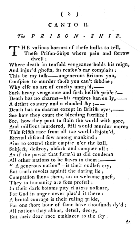 A page from an 18th-century poem titled “Canto II: The Prison Ship.” The page begins with a large, decorative capital “T” and verses condemning the British for the suffering and deaths aboard prison ships during the American Revolution. The poet describes the ships as places “where pain and sorrow dwell” and accuses “ungenerous Britons” of murdering prisoners they could not subdue.