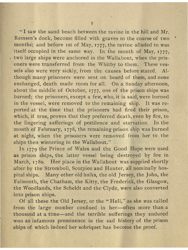 A page from a historical book detailing the grim conditions aboard British prison ships during the American Revolution. The passage recounts how graves quickly filled the shores near Wallabout Bay in 1777, as disease and death swept through the prison ships Whitby and others.