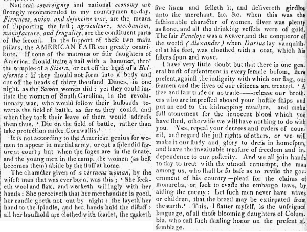A black-and-white newspaper excerpt printed in early 19th-century type titled “National sovereignty and national economy.” The article urges American women—referred to as the “American fair”—to support their nation through firmness, virtue, and domestic industry, particularly by producing and using American goods instead of imports. It praises the patriotic spirit of women during the Revolutionary War and describes the ideal of a “virtuous woman” as industrious, frugal, and morally steadfast.
