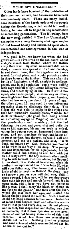 A black-and-white newspaper column titled “The Spy Unmasked.” The article recounts a Revolutionary War story of a brave woman who armed her teenage sons to defend their home when British troops approached. She melted silver spoons into bullets, urged her sons to fight, and rebuked one for hesitation, exemplifying women’s courage and patriotism during America’s fight for independence.