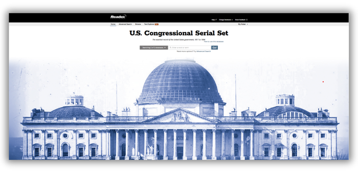 Screenshot of the Readex U.S. Congressional Serial Set webpage, featuring a blue-tinted historical image of the U.S. Capitol building with its dome under construction. The page title reads “U.S. Congressional Serial Set” with a search bar below for exploring congressional reports and documents.