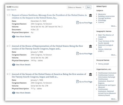 Screenshot of search results from the U.S. Congressional Serial Set database. The page lists government documents including the “Bequest of James Smithson” and journals from the House and Senate of the United States, dated between 1835 and 1836. Filters and related topics such as subjects, geographic names, and organizations appear on the right side.