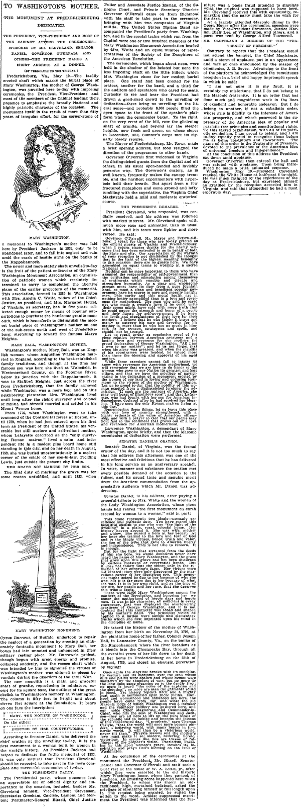 A black-and-white newspaper clipping titled “Heroes of the Revolution.” The article announces the 1890 formation of the Daughters of the American Revolution, led by Mrs. Benjamin Harrison. It describes the group’s mission to preserve historic sites, honor Revolutionary heroes, and build a monument to Mary Washington, with appeals for public contributions and exhibition plans for American Revolution relics.