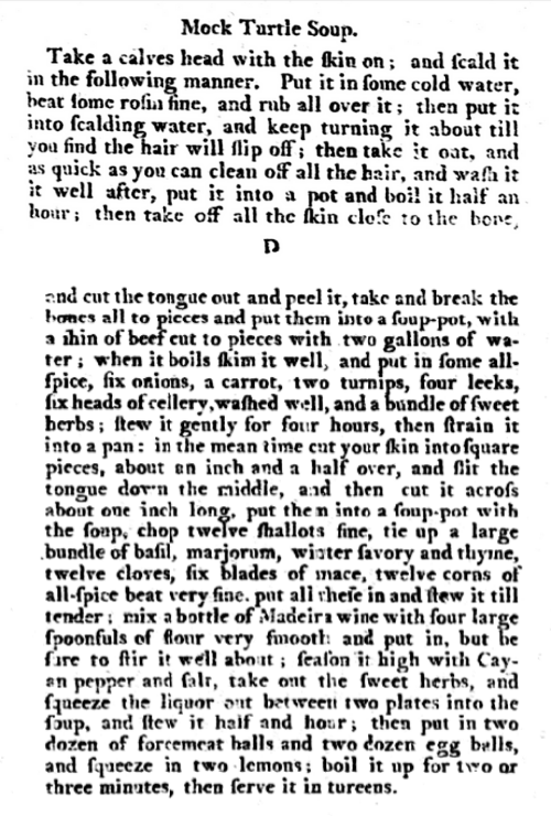 Black-and-white close-up of a printed recipe titled “Mock Turtle Soup.” The text describes preparing a calf’s head, with detailed instructions for scalding, cleaning, and boiling, set in dense 18th- or 19th-century type typical of historical cookbooks or newspapers.