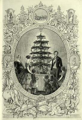 Illustrated Victorian-era scene of a family gathered around a decorated Christmas tree, with adults and children admiring ornaments and gifts. The image is framed by an elaborate ornamental border featuring scrollwork, figures, and festive motifs, emphasizing the domestic and celebratory nature of a 19th-century Christmas.