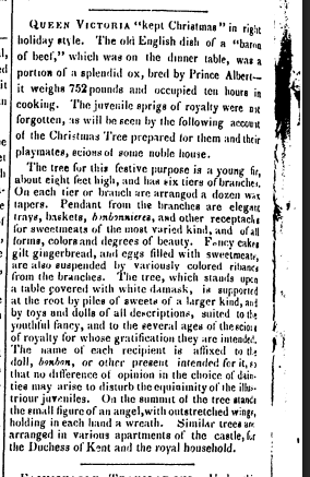 Black-and-white newspaper clipping with a headline about Queen Victoria “keeping Christmas” in traditional English style. The article describes holiday customs, food, decorations, Christmas trees, and gifts at Windsor Castle, presented in dense columns of 19th-century printed text.