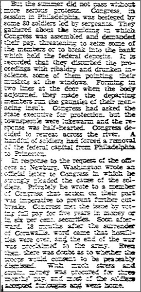 Close-up of a densely printed historical newspaper excerpt describing unrest among soldiers and Congress’s response. The passage mentions Congress assembling, deliberating on demands, concern over disorder, and decisions involving the executive and troops. It references communications sent to Newburgh and New Windsor and discusses efforts to prevent further conflict and protect national authority.