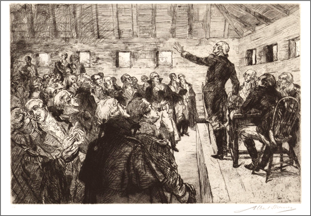 Black-and-white illustration of George Washington addressing a crowded hall of officers and soldiers. He stands on a raised platform with one arm extended in a calming gesture, while seated men listen beside him. The audience fills the room, suggesting a tense meeting or speech during the Revolutionary War era.