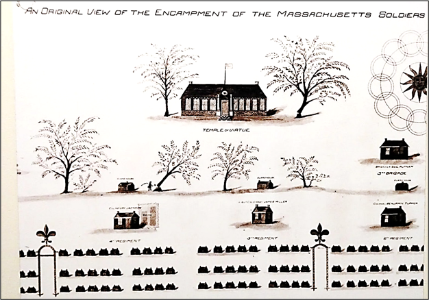 Illustrated map titled “An Original View of the Encampment of the Massachusetts Soldiers.” A large central building labeled “Temple of Virtue” sits among trees, with small buildings and tent rows arranged in neat grids below. Decorative symbols, including a compass rose and fleur-de-lis, appear at the edges.