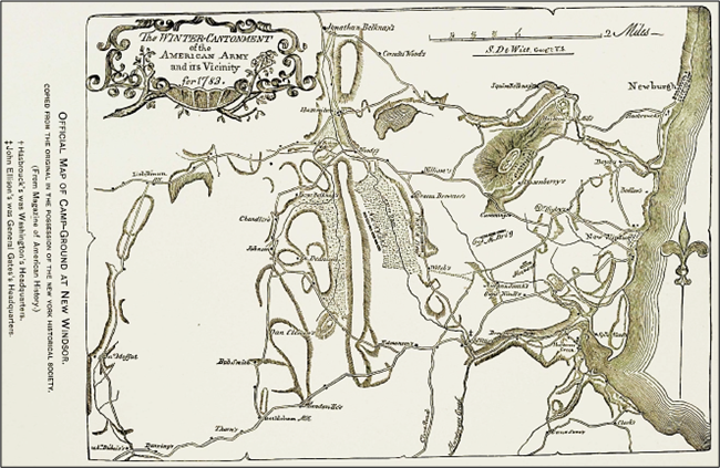 Historical map titled “The Intrenchments of the American Army near Newbury and its Vicinity, 1778.” It shows roads, rivers, marshes, and labeled towns including Newbury, with drawn fortifications and troop positions. A decorative cartouche appears at top left, and a note along the left margin identifies it as an official map of Campground in Newbury.