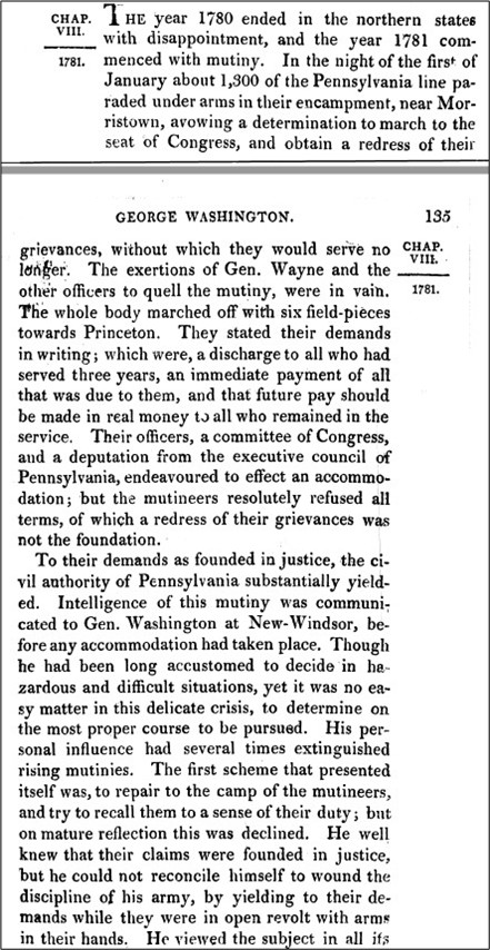 Two scanned pages from a history book section titled “George Washington,” Chapter VIII (1781). The text describes the Pennsylvania Line mutiny, soldiers marching toward Congress, failed efforts by Gen. Wayne and others to stop them, Washington’s decision to let civil authorities act, and later orders leading to the execution of two ringleaders and the return of the remaining mutineers to duty.