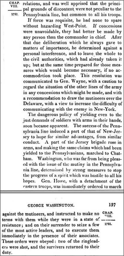 Two scanned pages from a history book section titled “George Washington,” Chapter VIII (1781). The text describes the Pennsylvania Line mutiny, soldiers marching toward Congress, failed efforts by Gen. Wayne and others to stop them, Washington’s decision to let civil authorities act, and later orders leading to the execution of two ringleaders and the return of the remaining mutineers to duty.