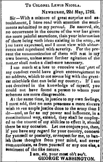 Scanned newspaper-style letter titled “To Colonel Lewis Nicola,” dated Newburgh, 22 May 1782, signed George Washington. Washington responds with surprise and disapproval to Nicola’s suggestions, stating such ideas have no place in the army and warning he will view them with severe displeasure, while affirming his wish to support the army through constitutional means.