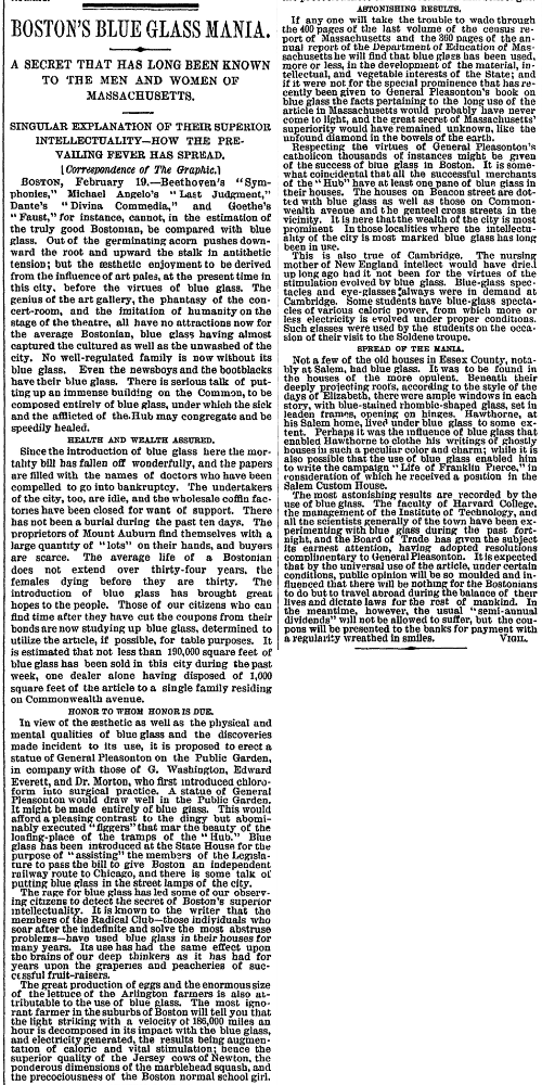 Scanned newspaper page with the bold headline “Boston’s Blue Glass Mania.” The article discusses the popularity of blue glass in Massachusetts, describing its supposed health, aesthetic, and psychological benefits, public fascination with the trend, and commentary on its social and scientific claims.