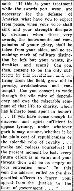 Close-up of a printed historical passage urging soldiers to consider their sacrifices for American independence and warning that division will weaken them. It asks what they can expect after war if their swords are taken away, and calls on officers to oppose tyranny, reject dependency and poverty, and appeal to justice rather than fear of government.