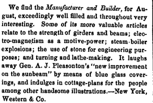 Close-up of a short newspaper excerpt reviewing the August issue of The Manufacturer and Builder. The text mentions articles on engineering topics such as girders, steam power, and lathe work, and notes commentary on Gen. A. J. Pleasonton’s ideas about blue glass.