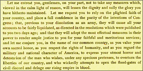 Highlighted excerpt from a historical text in which a speaker urges officers to act with reason and preserve their dignity and glory. It asks them to trust Congress to settle their accounts and provide justice, and warns against any actions that would undermine American liberty or unleash civil discord and bloodshed.