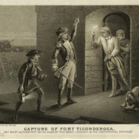 Black-and-white illustration depicting the capture of Fort Ticonderoga, with an armed colonial officer confronting a startled British officer in a doorway, while other figures look on inside the stone fort—representing a key early Revolutionary War moment led by Ethan Allen.