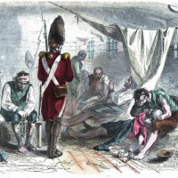 Color illustration of a British guard in red uniform standing watch inside a cramped prison ship, where emaciated prisoners lie or sit on the floor and bunks under hanging cloth, conveying overcrowding, illness, and harsh conditions faced by captives during the Revolutionary War.