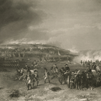 Sepia-toned illustration of a Revolutionary War battle with soldiers fighting in the foreground and on a distant hill in the background