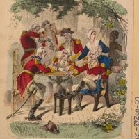 Color illustration of a mixed group of men and women in 18th-century dress gathered around a table outdoors, drinking and conversing beneath trees, with military uniforms and civilian clothing suggesting social life and women’s participation during the Revolutionary War era.