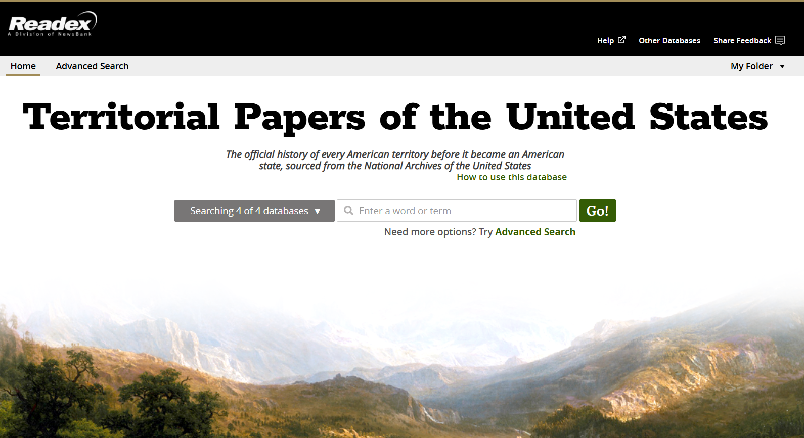 Screenshot of the Readex website homepage for Territorial Papers of the United States. A large title sits above a search bar with a “Go!” button and links for Advanced Search and “How to use this database.” The header includes navigation options (Home, Advanced Search, Help, Other Databases, Share Feedback, My Folder). A landscape image of mountains spans the bottom of the page.