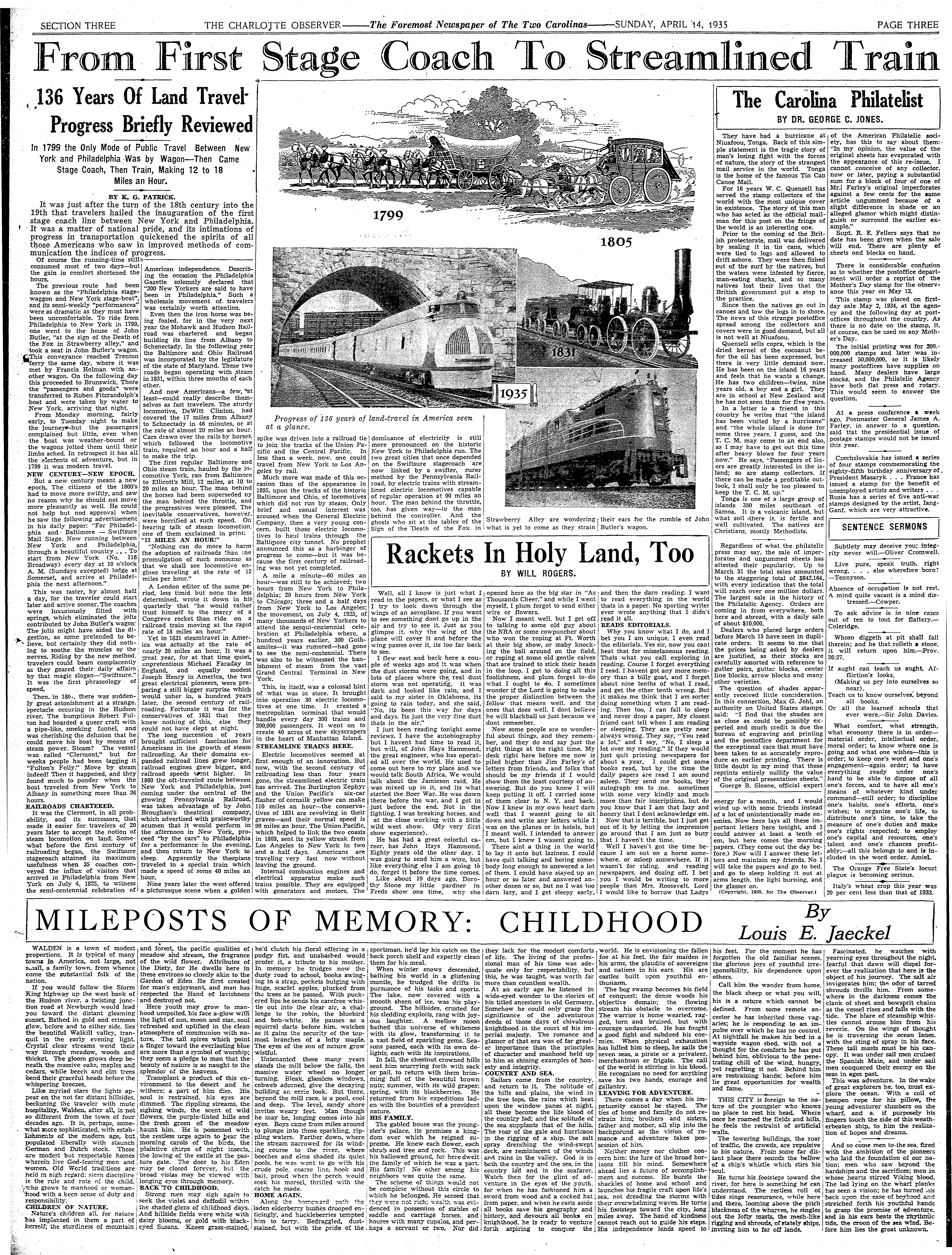 Full newspaper page from The Charlotte Observer (April 14, 1935) titled “From First Stage Coach to Streamlined Train.” It reviews 136 years of land travel progress, with illustrations of stagecoaches, early locomotives, and a modern streamlined train, alongside columns of text and related articles.