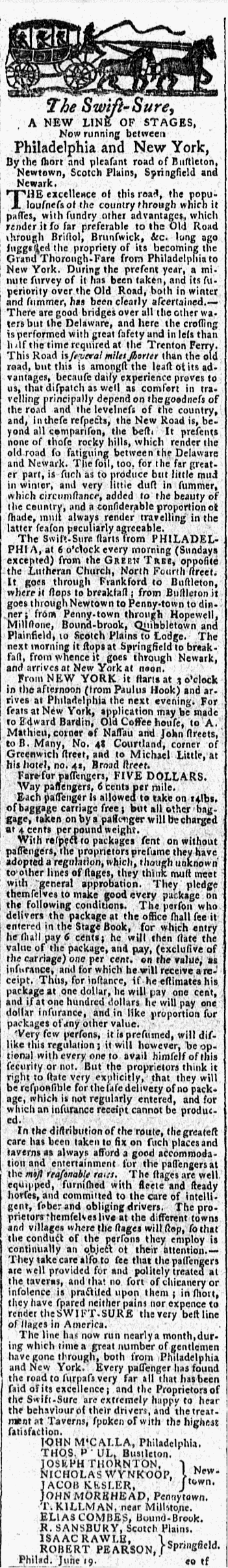 Long newspaper advertisement for the “Swift-Sure” stage line featuring a small illustration of a horse-drawn coach. The text promotes a new route between New York and Philadelphia with stops in multiple towns, detailing schedules, fares, baggage policies, and passenger accommodations. It emphasizes safety, reliability, and courteous service, and includes statements from agents defending the line’s reputation against competitors.".