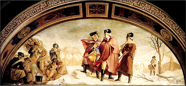 Semicircular mural of Revolutionary War officers in winter, with soldiers resting nearby and tents in the snowy background.
