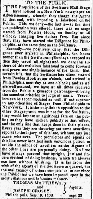Newspaper notice titled “To the Public” in which stage line proprietors defend their mail stage service against accusations from a rival. The text disputes claims about departure times and travel speed between New York and Philadelphia, criticizes misleading advertisements, and asserts their reliability and integrity in serving passengers.