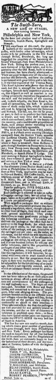 Long newspaper advertisement for the “Swift-Sure” stage line featuring a small illustration of a horse-drawn coach. The text promotes a new route between New York and Philadelphia with stops in multiple towns, detailing schedules, fares, baggage policies, and passenger accommodations. It emphasizes safety, reliability, and courteous service, and includes statements from agents defending the line’s reputation against competitors.