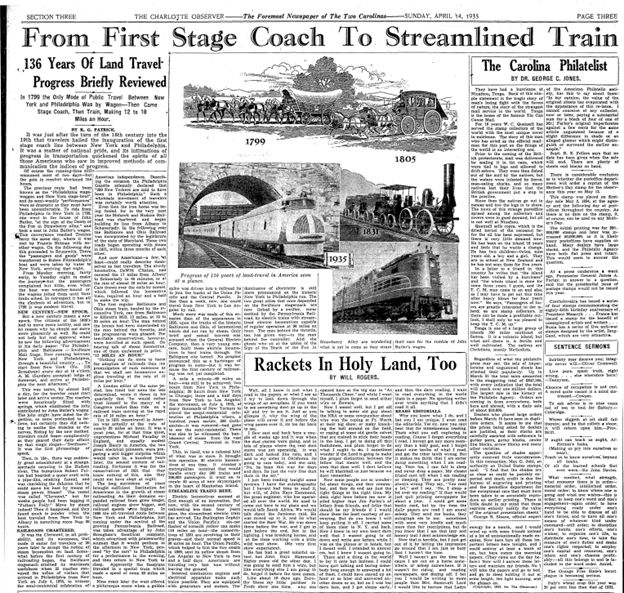 Full newspaper page from The Charlotte Observer (April 14, 1935) titled “From First Stage Coach to Streamlined Train.” It reviews 136 years of land travel progress, with illustrations of stagecoaches, early locomotives, and a modern streamlined train, alongside columns of text and related articles.