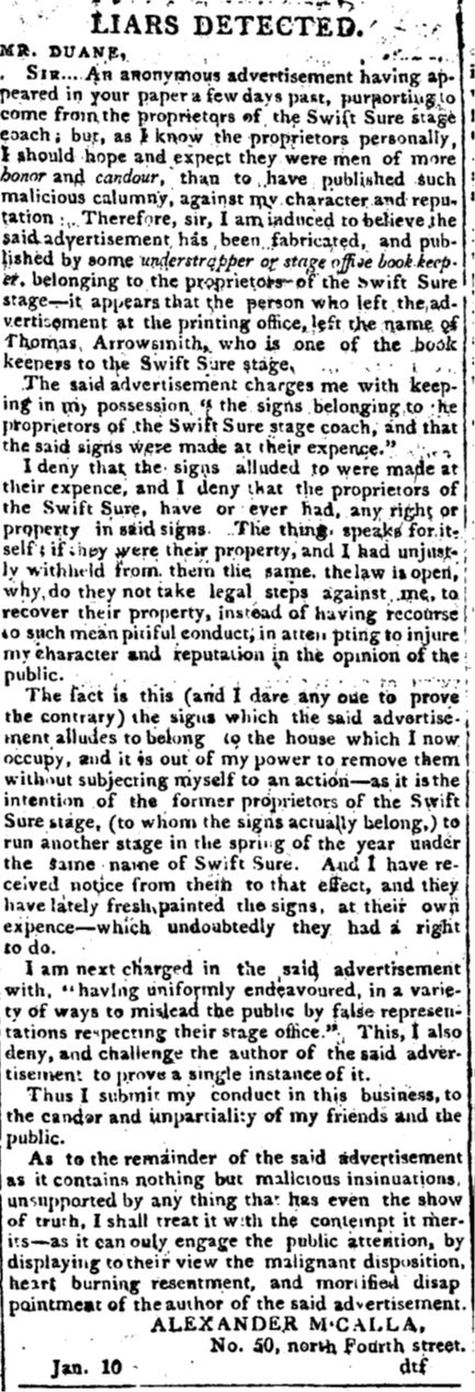 Newspaper article titled “Liars Detected,” a letter by Alexander McCalla responding to accusations about Swift Sure stage coach signage. He denies wrongdoing, disputes claims of misleading the public, and defends his character, arguing the signs were his property and challenging critics to prove otherwise.
