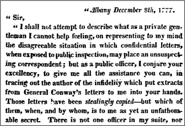 Printed 1777 letter from Albany describing stolen copies of Gates’s letters and concerns over a suspected informant.