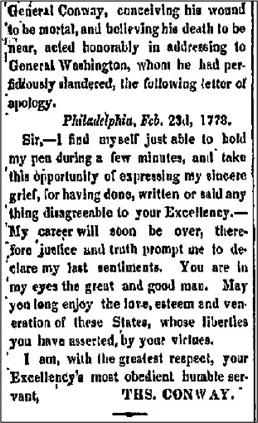 Newspaper text of Conway’s 1778 apology to Washington, expressing regret and praise for his leadership.